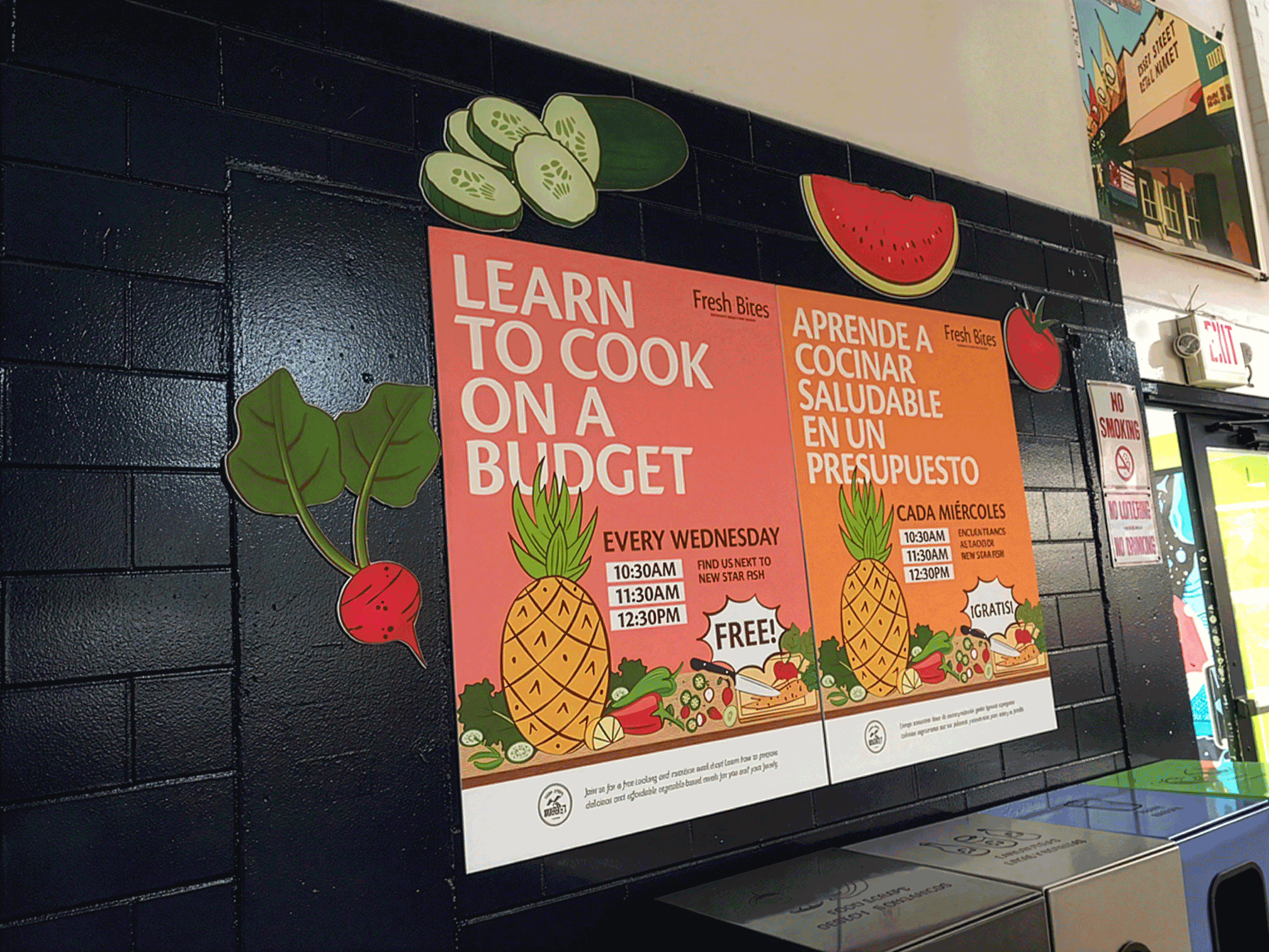 Fresh Bites environmental graphics installation in market