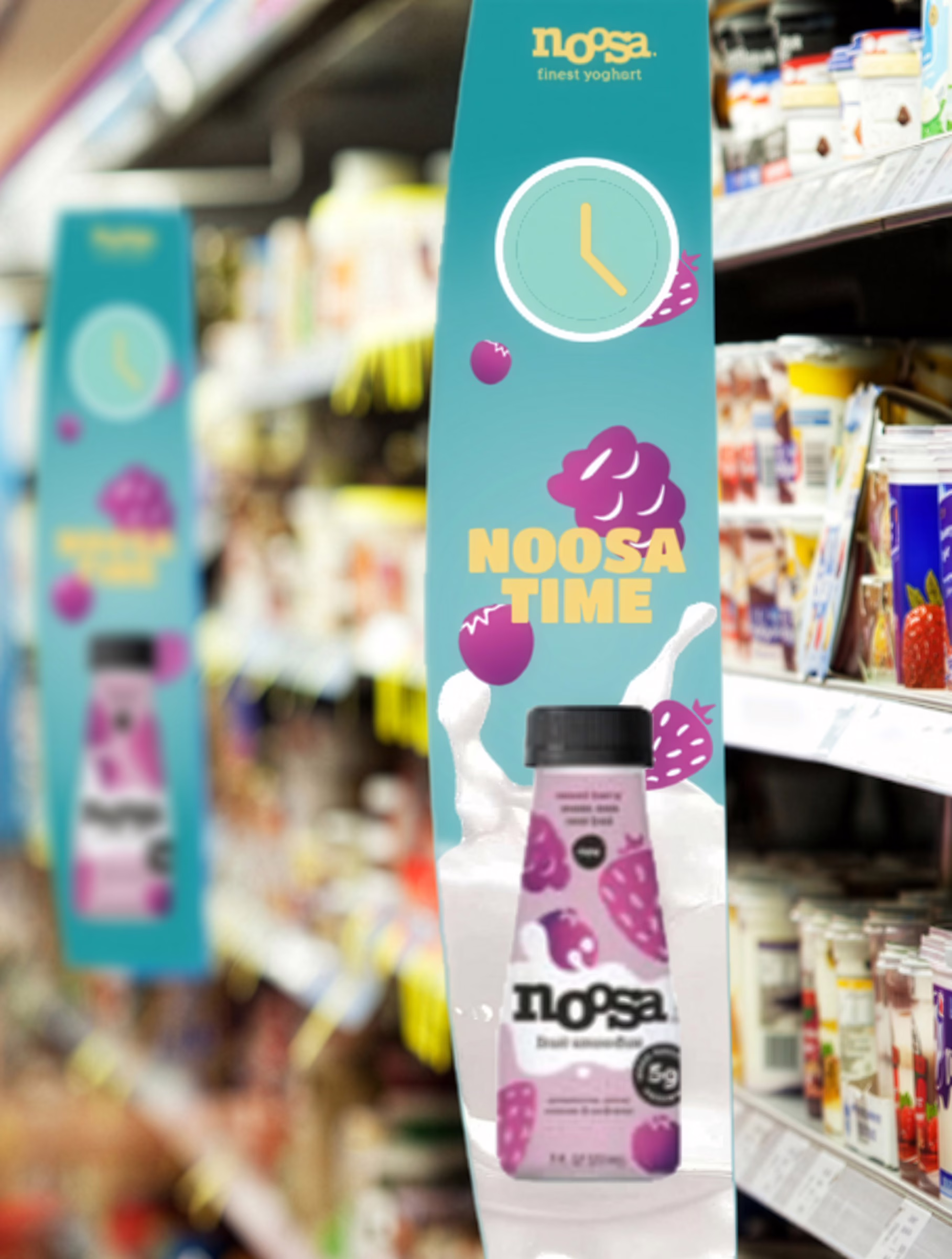 Noosa Time retail aisle banner for drinkable yogurt campaign